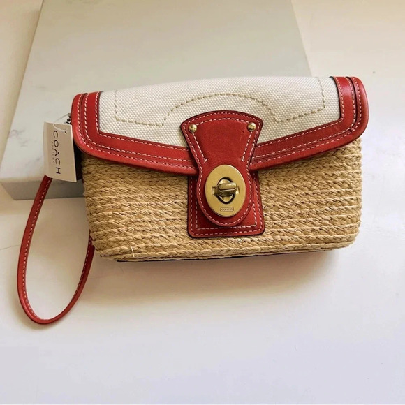 NWT Coach Rare Vintage Straw Turn-Lock Flap Clutch/Wristlet Bag - Picture 1 of 7